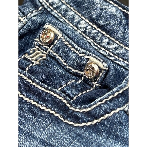 Miss Me Womens Distressed Blue Denim Jeans W26 Embellished Bull Low-Rise Bootcut - Picture 7 of 10